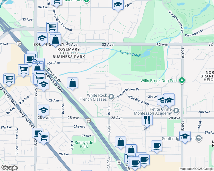 map of restaurants, bars, coffee shops, grocery stores, and more near in Surrey