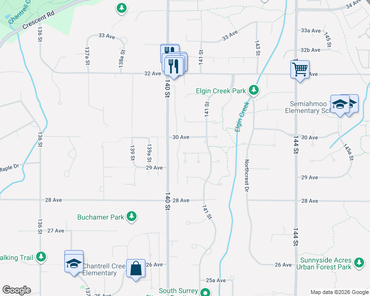 map of restaurants, bars, coffee shops, grocery stores, and more near 14055 29A Avenue in Surrey