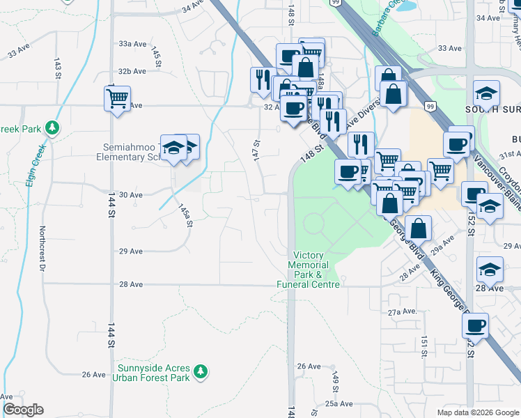 map of restaurants, bars, coffee shops, grocery stores, and more near 2972 Semiahmoo Trail in Surrey