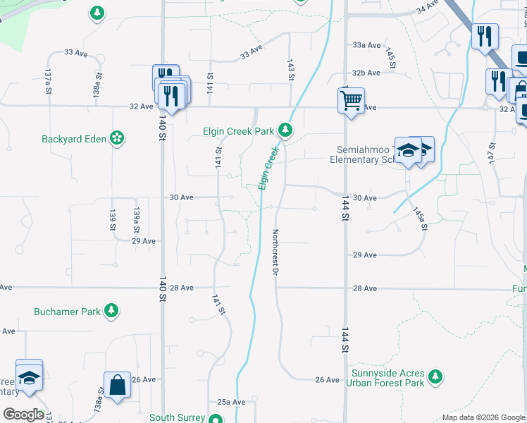 map of restaurants, bars, coffee shops, grocery stores, and more near 14222 29A Avenue in Surrey