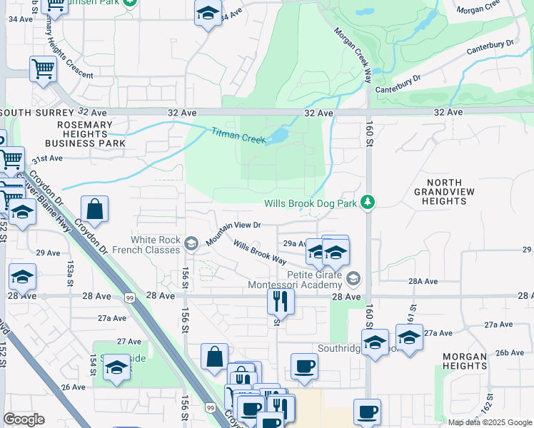 map of restaurants, bars, coffee shops, grocery stores, and more near 15775 Mountain View Drive in Surrey
