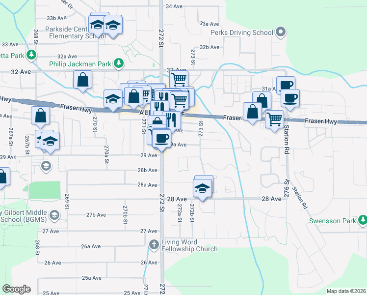 map of restaurants, bars, coffee shops, grocery stores, and more near in Langley Township