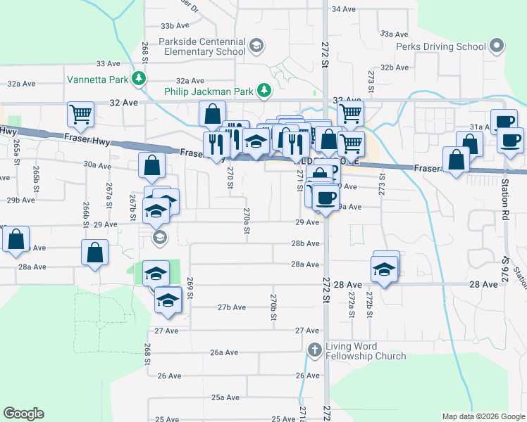 map of restaurants, bars, coffee shops, grocery stores, and more near 2971 270B Street in Langley Township