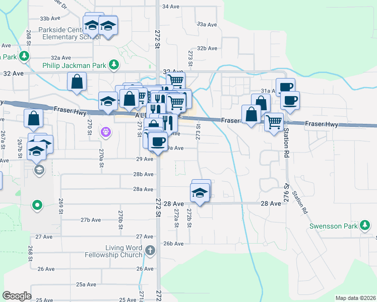 map of restaurants, bars, coffee shops, grocery stores, and more near 27292 29A Avenue in Langley Township