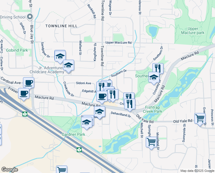 map of restaurants, bars, coffee shops, grocery stores, and more near 2830 Crossley Drive in Abbotsford