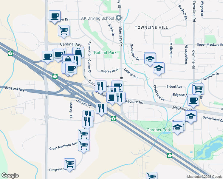 map of restaurants, bars, coffee shops, grocery stores, and more near 30748 Cardinal Avenue in Abbotsford