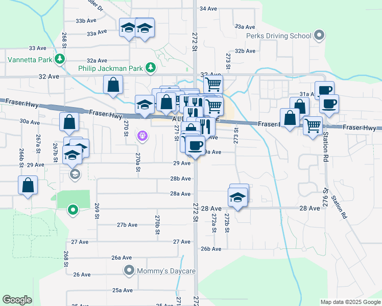 map of restaurants, bars, coffee shops, grocery stores, and more near 2936 272 Street in Langley Township