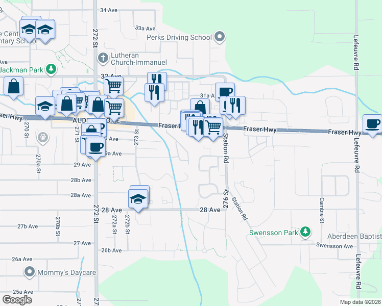 map of restaurants, bars, coffee shops, grocery stores, and more near 27435 29A Avenue in Langley Township