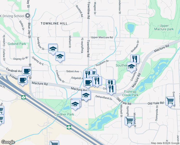 map of restaurants, bars, coffee shops, grocery stores, and more near 2974 Townline Road in Abbotsford