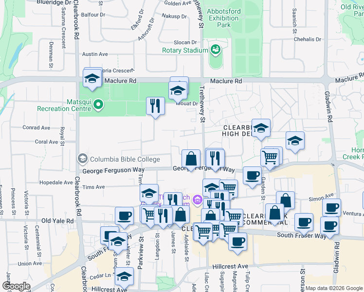 map of restaurants, bars, coffee shops, grocery stores, and more near 2990 Boulder Street in Abbotsford