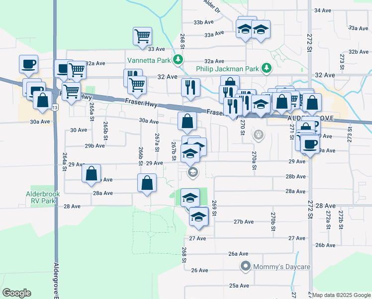 map of restaurants, bars, coffee shops, grocery stores, and more near 2983 268A Street in Langley Township