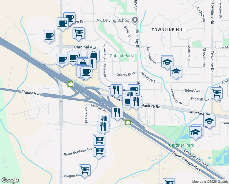 map of restaurants, bars, coffee shops, grocery stores, and more near 30748 Cardinal Avenue in Abbotsford