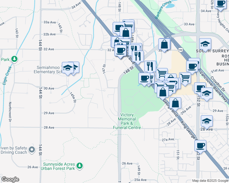 map of restaurants, bars, coffee shops, grocery stores, and more near 2966 147A Street in Surrey
