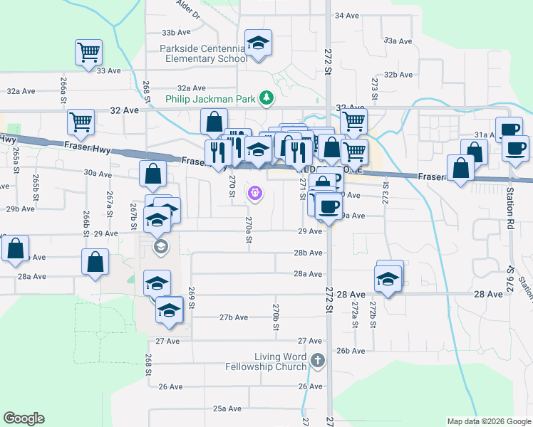 map of restaurants, bars, coffee shops, grocery stores, and more near 2977 270B Street in Langley Township