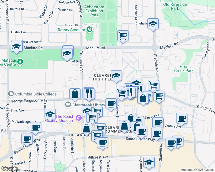 map of restaurants, bars, coffee shops, grocery stores, and more near 32522 Oriole Crescent in Abbotsford
