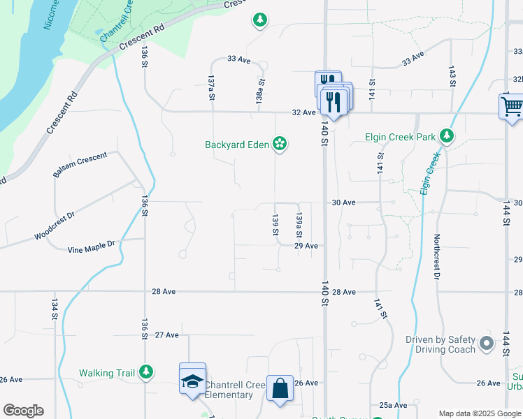 map of restaurants, bars, coffee shops, grocery stores, and more near 13878 30 Avenue in Surrey