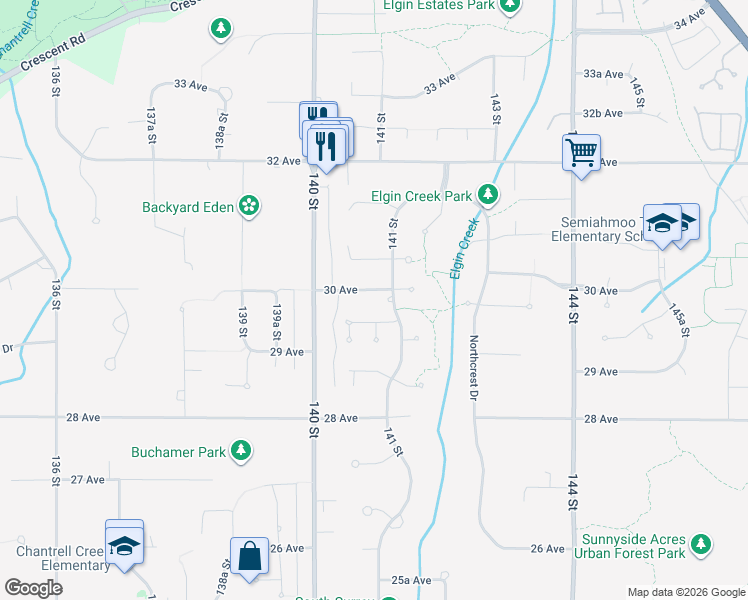 map of restaurants, bars, coffee shops, grocery stores, and more near 14066 30 Avenue in Surrey