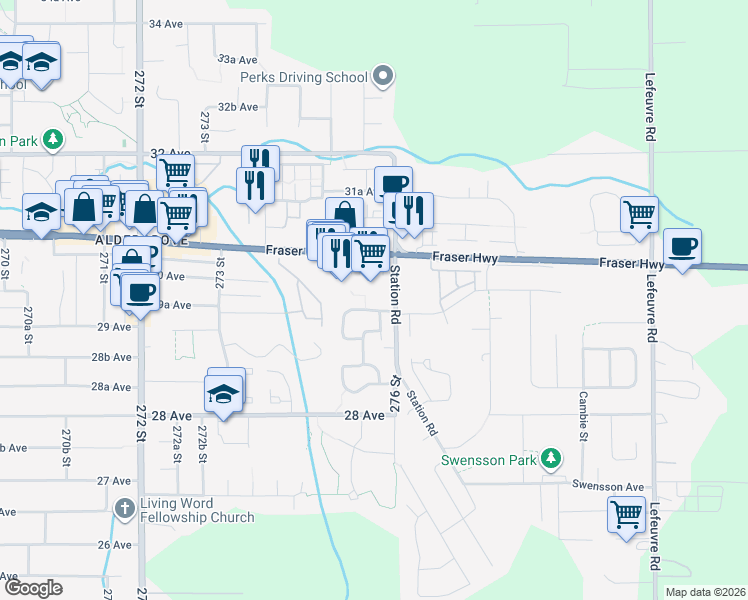map of restaurants, bars, coffee shops, grocery stores, and more near 182 Springfield Drive in Langley Township