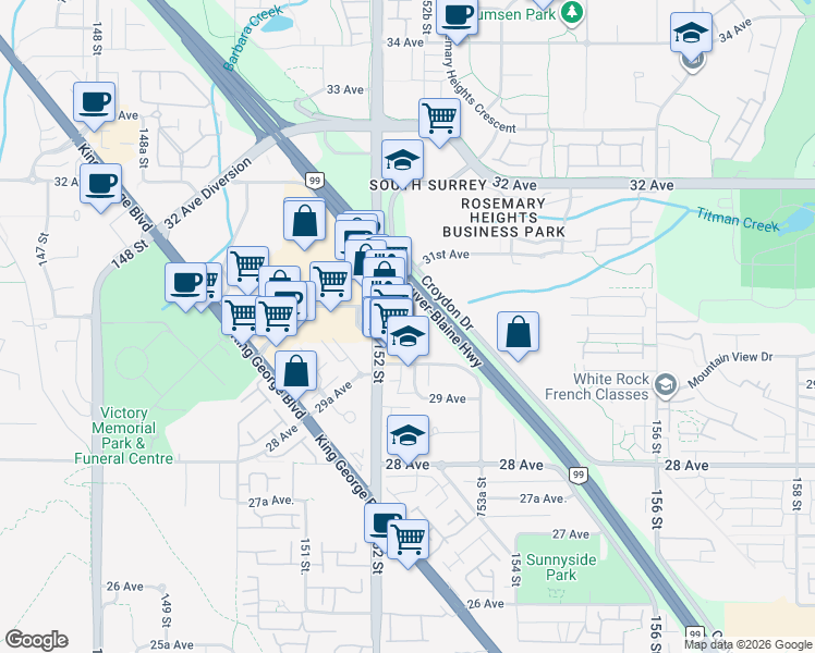 map of restaurants, bars, coffee shops, grocery stores, and more near 2989 152A Street in Surrey