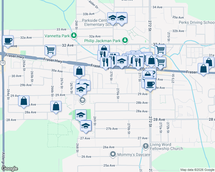 map of restaurants, bars, coffee shops, grocery stores, and more near 26968 30 Avenue in Langley Township