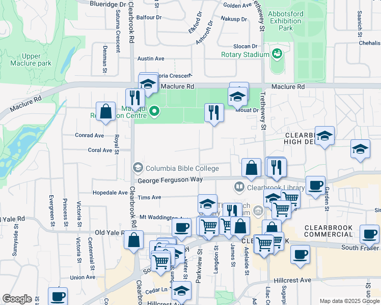 map of restaurants, bars, coffee shops, grocery stores, and more near 32174 Mouat Drive in Abbotsford