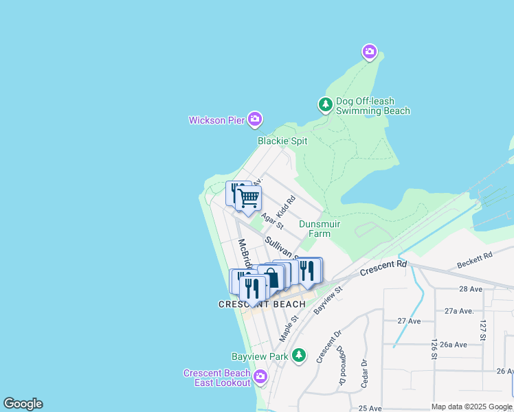 map of restaurants, bars, coffee shops, grocery stores, and more near 12183 Agar Street in Surrey