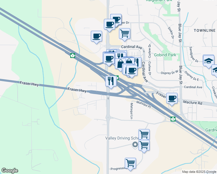 map of restaurants, bars, coffee shops, grocery stores, and more near 3122 Mount Lehman Road in Abbotsford