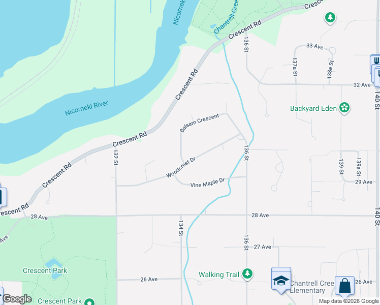 map of restaurants, bars, coffee shops, grocery stores, and more near 13425 Woodcrest Drive in Surrey