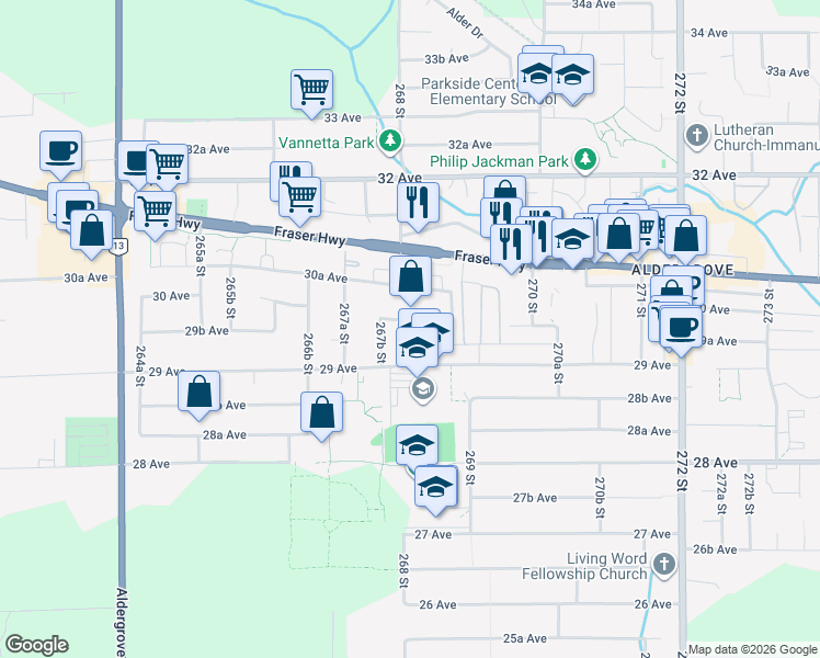 map of restaurants, bars, coffee shops, grocery stores, and more near 2995 268A Street in Langley Township