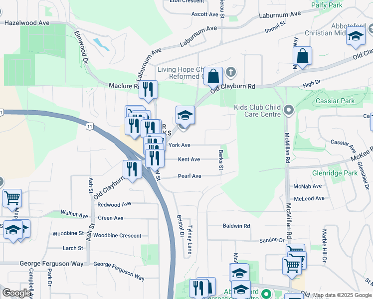 map of restaurants, bars, coffee shops, grocery stores, and more near 34494 York Avenue in Abbotsford