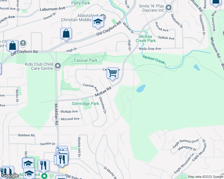 map of restaurants, bars, coffee shops, grocery stores, and more near 35084 McKee Road in Abbotsford