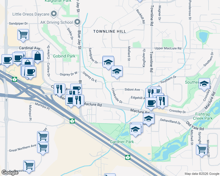 map of restaurants, bars, coffee shops, grocery stores, and more near 2989 Creekside Drive in Abbotsford