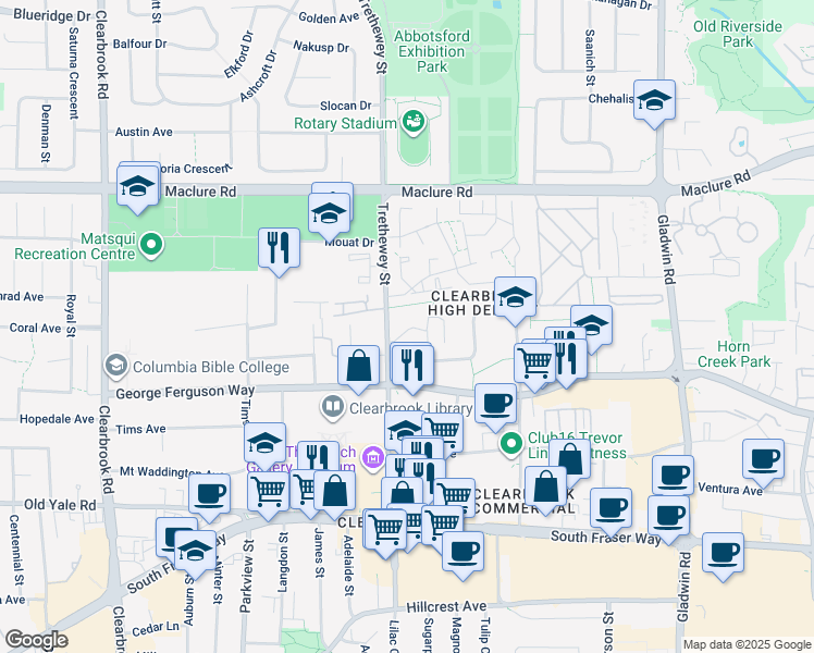 map of restaurants, bars, coffee shops, grocery stores, and more near 2964 Trethewey Street in Abbotsford