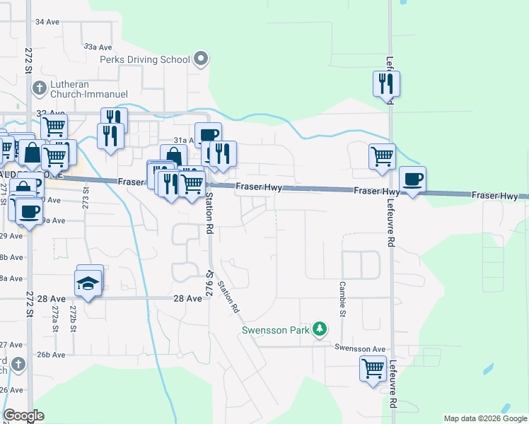 map of restaurants, bars, coffee shops, grocery stores, and more near 27726 Roundhouse Drive in Abbotsford