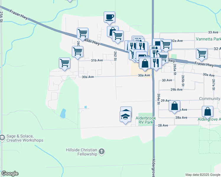map of restaurants, bars, coffee shops, grocery stores, and more near 26162 30A Avenue in Langley Township