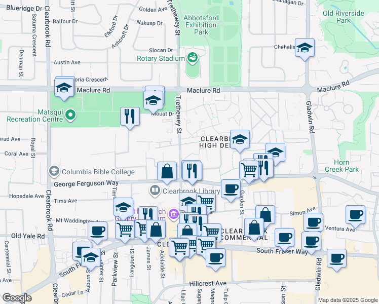 map of restaurants, bars, coffee shops, grocery stores, and more near 2964 Trethewey Street in Abbotsford