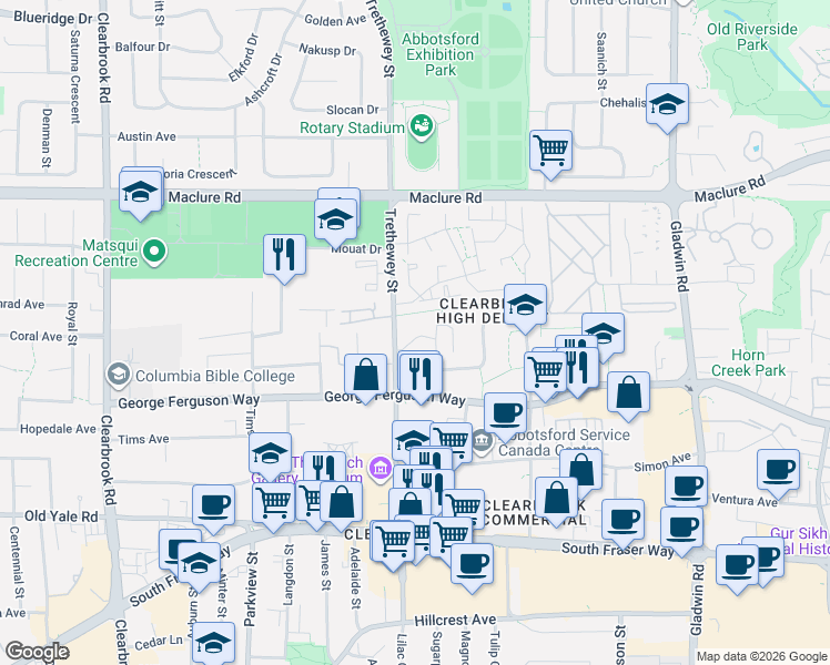 map of restaurants, bars, coffee shops, grocery stores, and more near 2964 Trethewey Street in Abbotsford