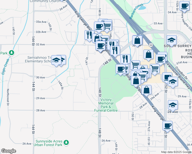 map of restaurants, bars, coffee shops, grocery stores, and more near 14756 30 Avenue in Surrey