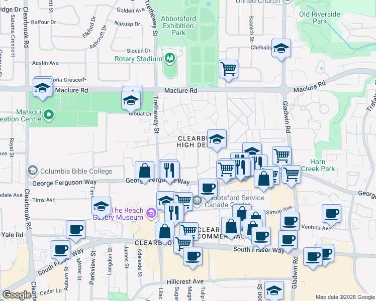 map of restaurants, bars, coffee shops, grocery stores, and more near 2962 Trethewey Street in Abbotsford