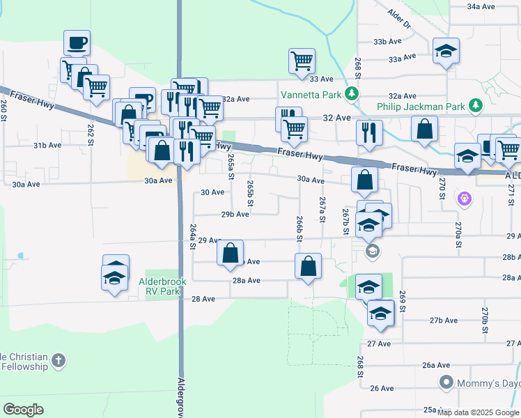 map of restaurants, bars, coffee shops, grocery stores, and more near 26573 29B Avenue in Langley Township