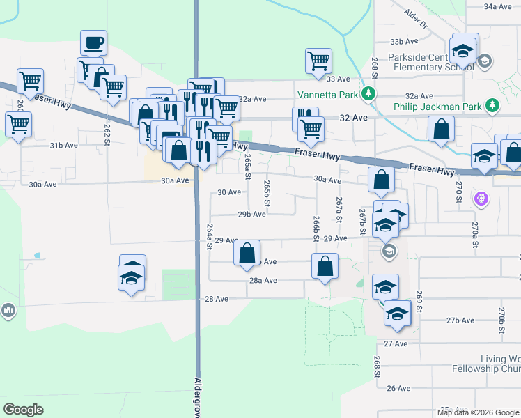 map of restaurants, bars, coffee shops, grocery stores, and more near 26549 29B Avenue in Langley Township