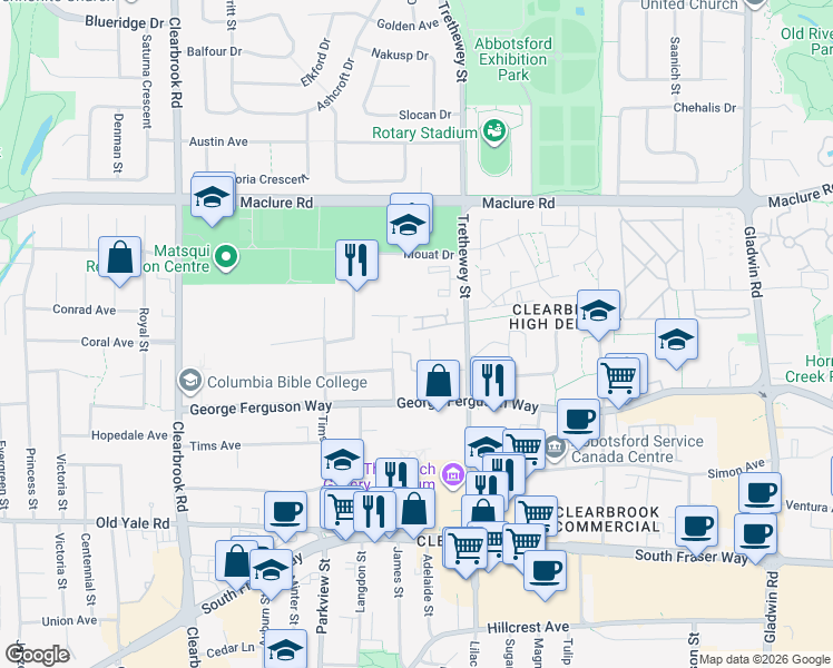 map of restaurants, bars, coffee shops, grocery stores, and more near 3015 Trethewey Street in Abbotsford