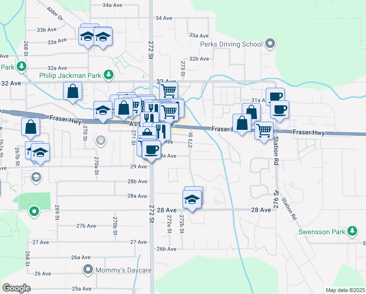 map of restaurants, bars, coffee shops, grocery stores, and more near 27284 30 Avenue in Langley Township