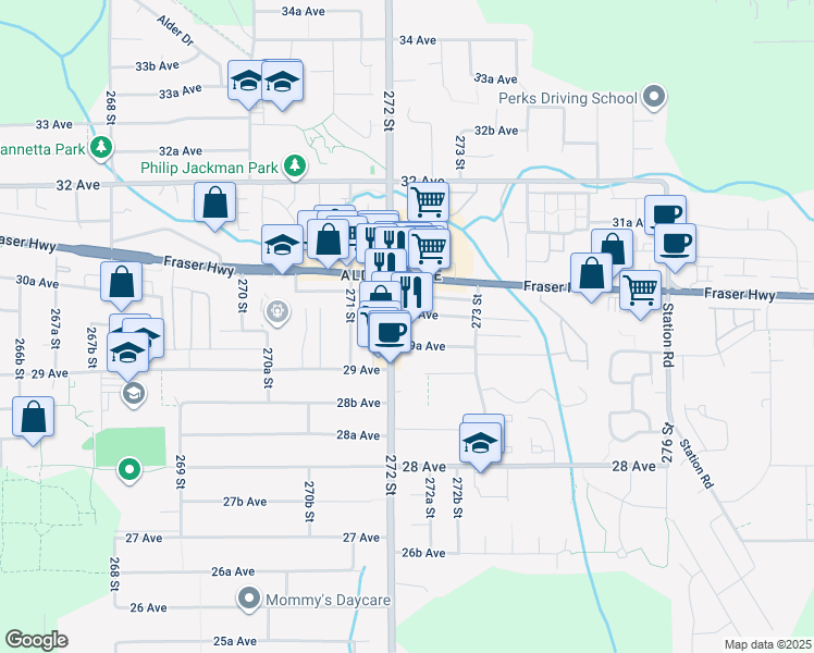 map of restaurants, bars, coffee shops, grocery stores, and more near 27234 30 Avenue in Langley Township