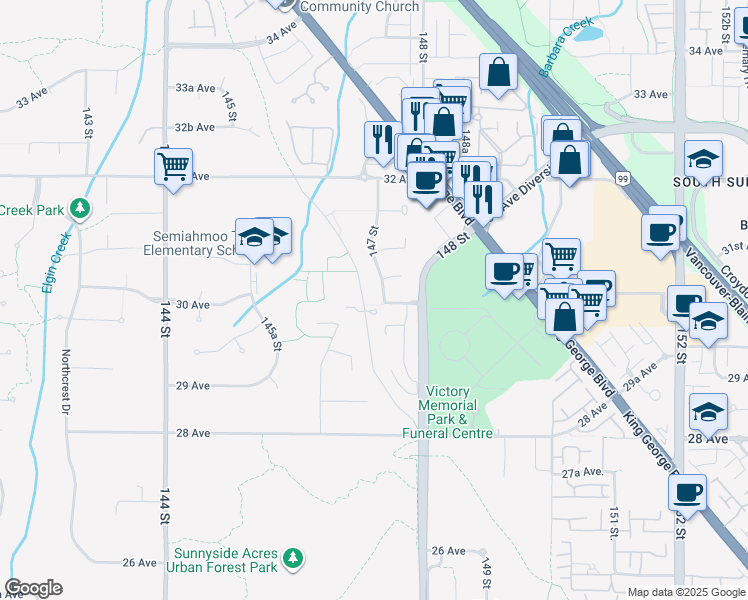map of restaurants, bars, coffee shops, grocery stores, and more near 3010 Semiahmoo Trail in Surrey