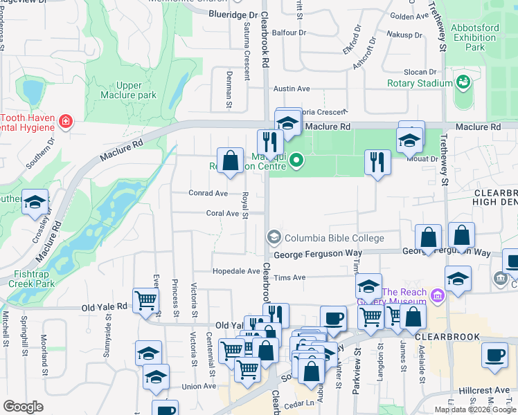 map of restaurants, bars, coffee shops, grocery stores, and more near 31981 Coral Avenue in Abbotsford
