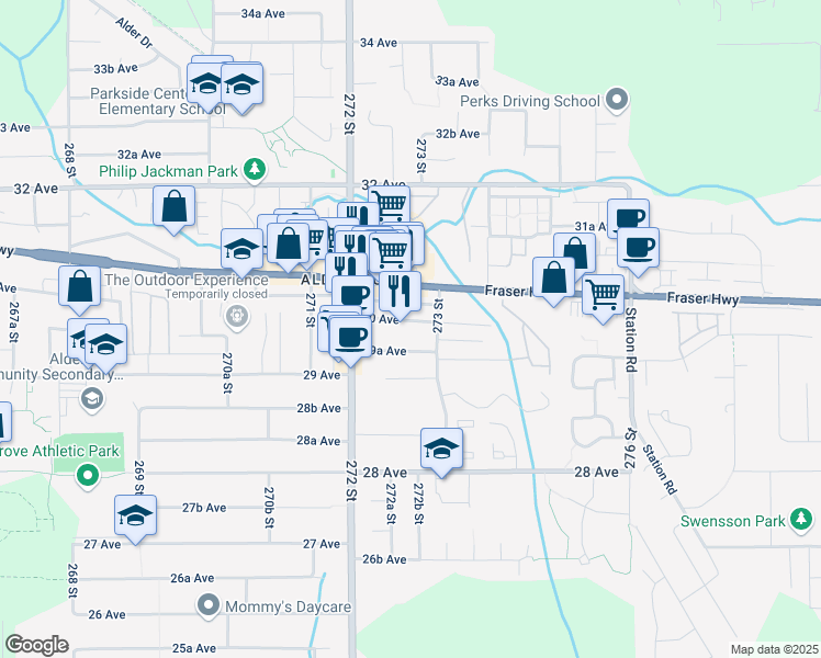 map of restaurants, bars, coffee shops, grocery stores, and more near 27284 30 Avenue in Langley Township