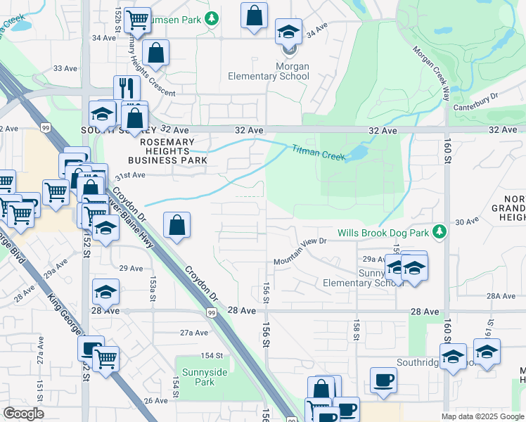 map of restaurants, bars, coffee shops, grocery stores, and more near 21 156 Street in Surrey