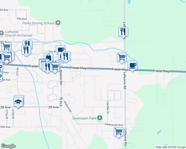 map of restaurants, bars, coffee shops, grocery stores, and more near 27797 Roundhouse Drive in Abbotsford