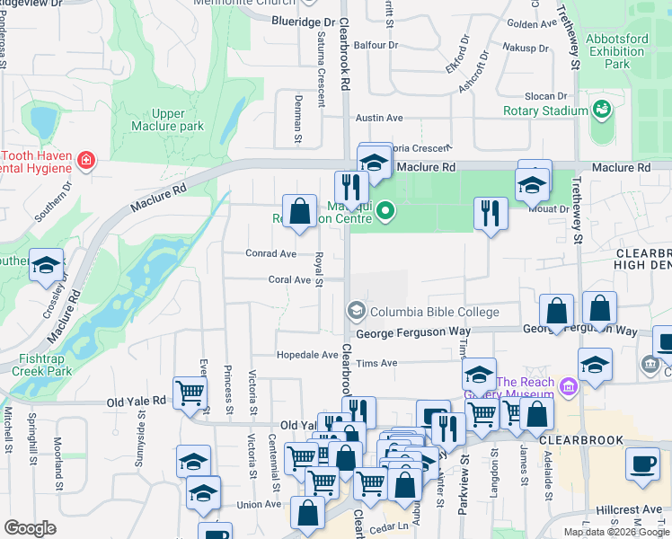 map of restaurants, bars, coffee shops, grocery stores, and more near 31981 Coral Avenue in Abbotsford